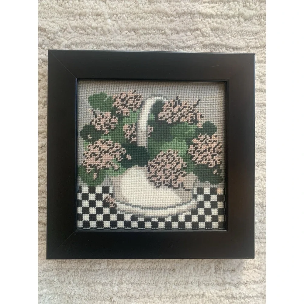 Vintage Needlepoint Cottage Core Springtime Custom Frame Hydrangea Basket